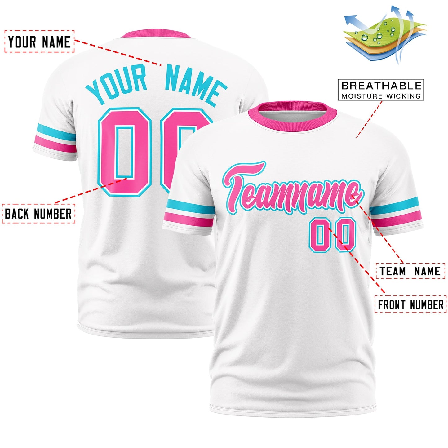 Custom White Pink T-shirt Classic Style Stripe Fashion Sports Shirt for Youth & Adults