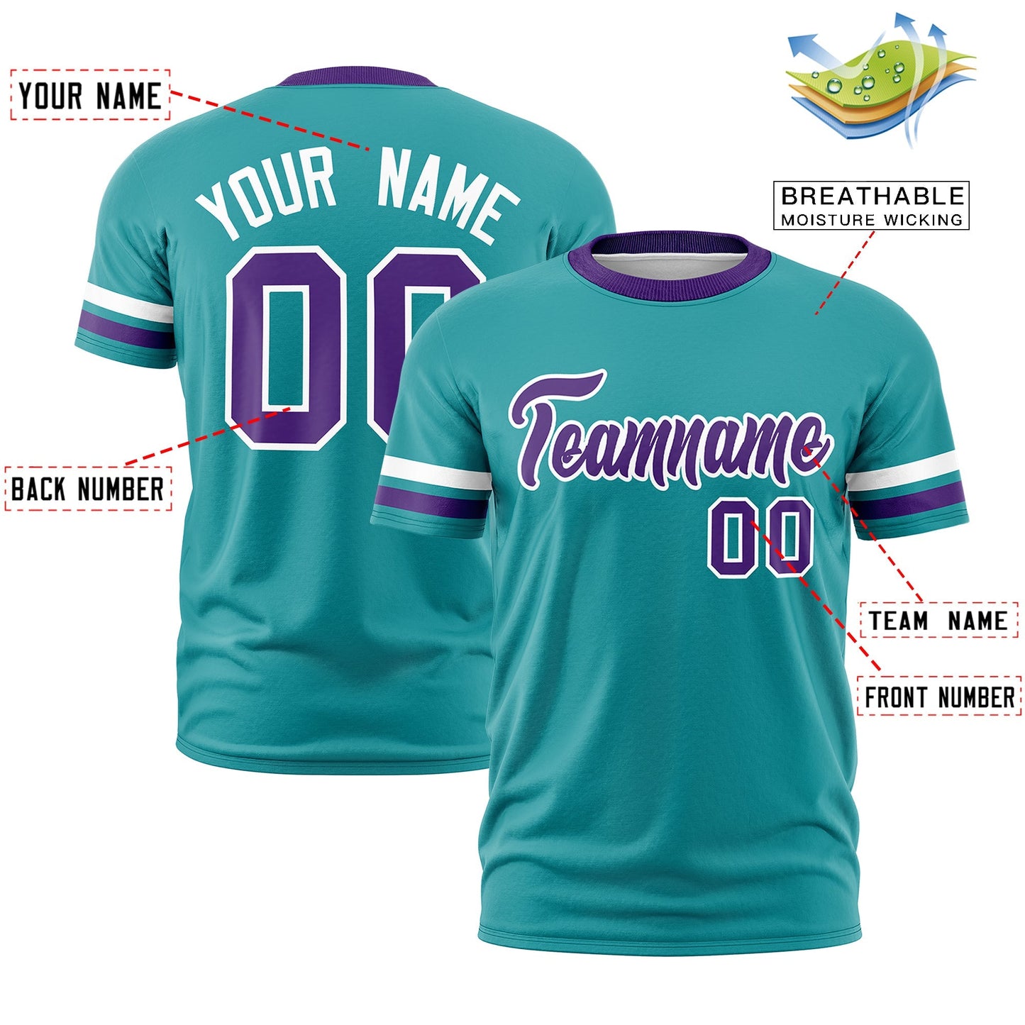 Custom Aqua Purple T-shirt Classic Style Stripe Fashion Sports Shirt for Youth & Adults