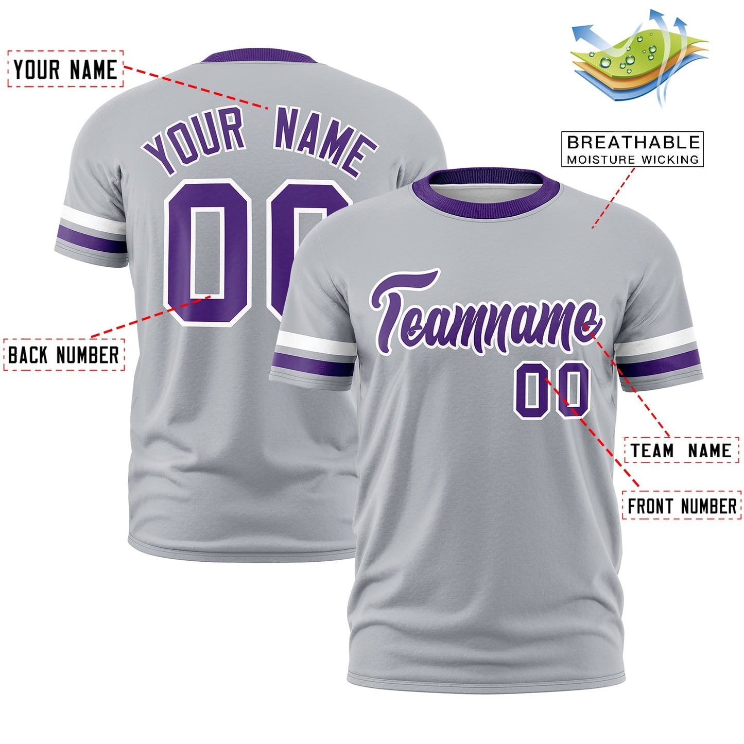 Custom Gray Purple T-shirt Classic Style Stripe Fashion Sports Shirt for Youth & Adults