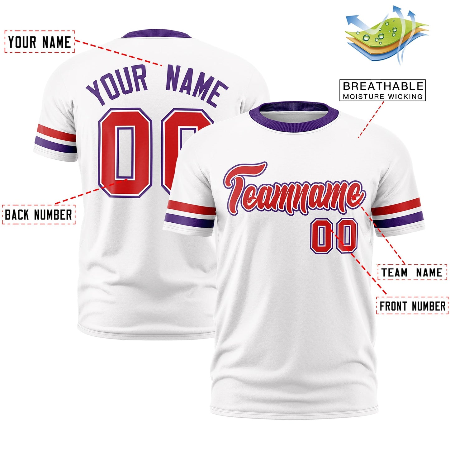 Custom White Purple T-shirt Classic Style Stripe Fashion Sports Shirt for Youth & Adults