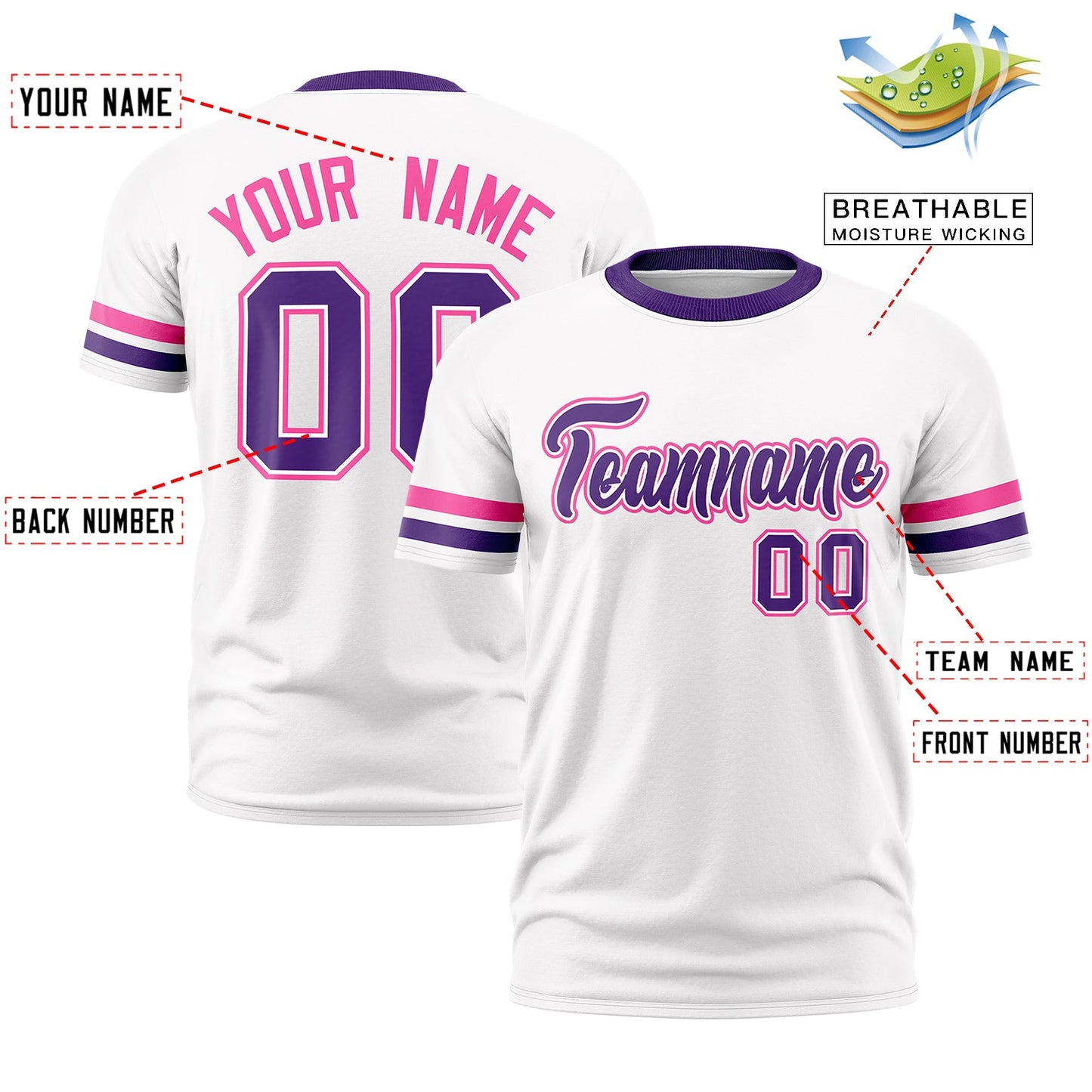 Custom White Purple T-shirt Classic Style Stripe Fashion Sports Shirt for Youth & Adults