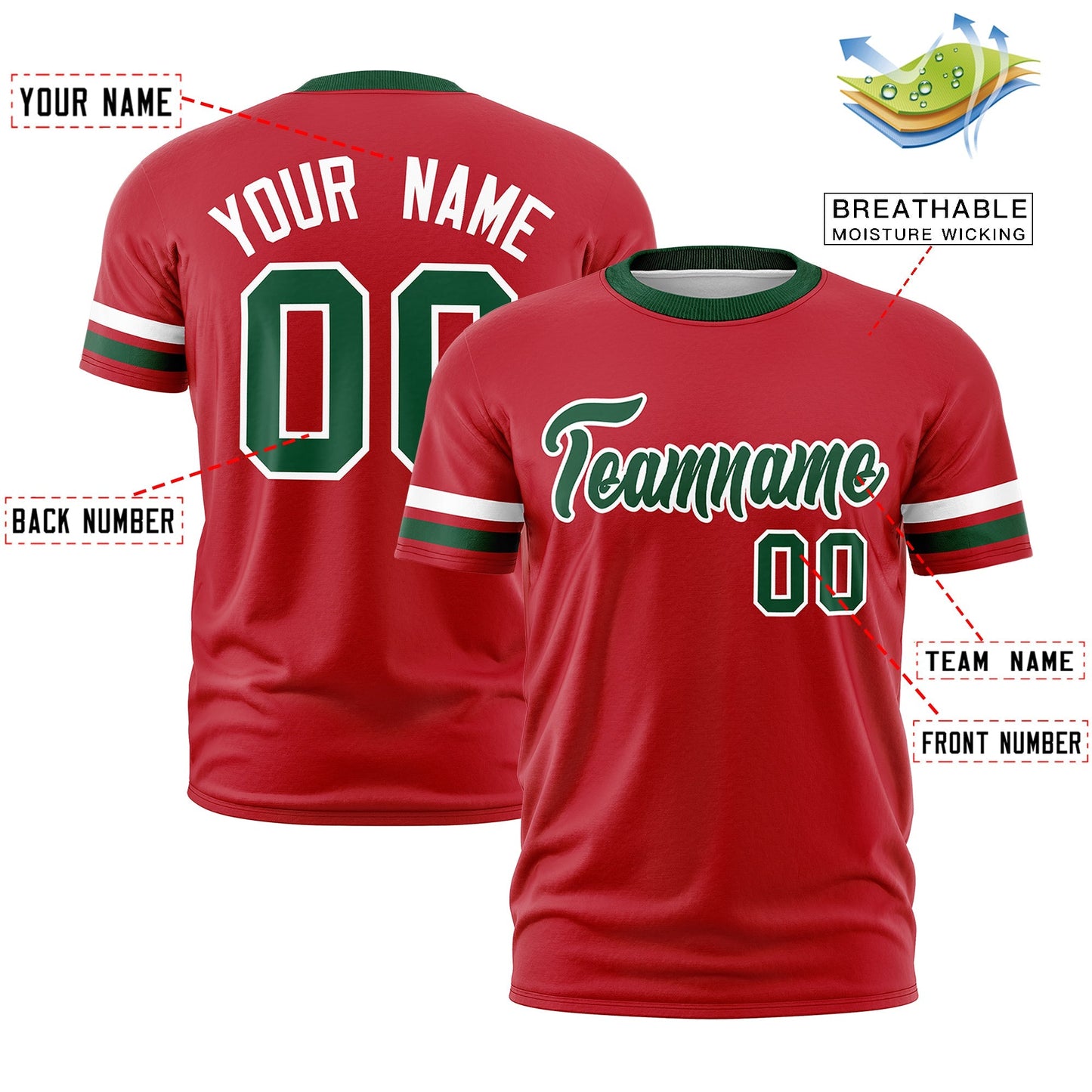 Custom Red Green T-shirt Classic Style Stripe Fashion Sports Shirt for Youth & Adults