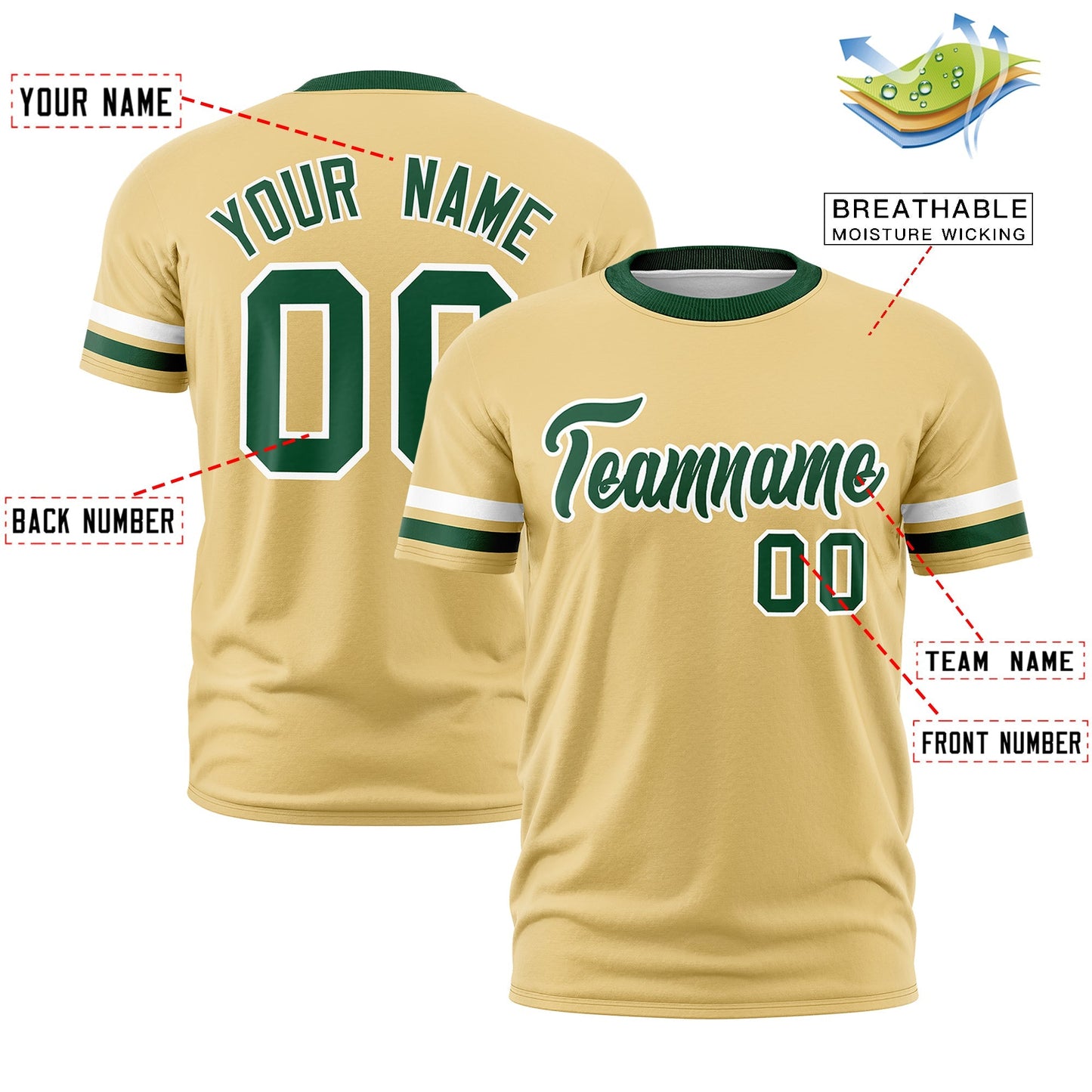 Custom Khaki Green T-shirt Classic Style Stripe Fashion Sports Shirt for Youth & Adults