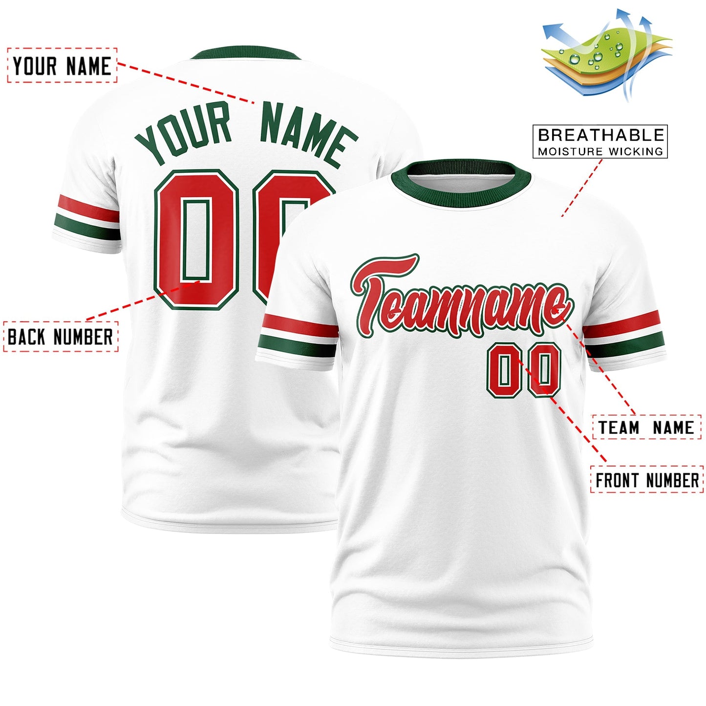 Custom White Green T-shirt Classic Style Stripe Fashion Sports Shirt for Youth & Adults