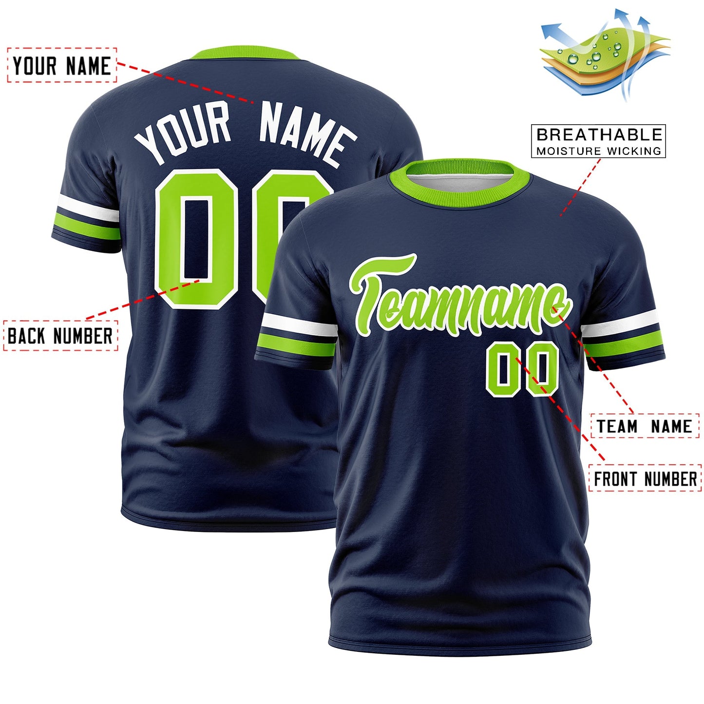 Custom Navy Neon Green T-shirt Classic Style Stripe Fashion Sports Shirt for Youth & Adults