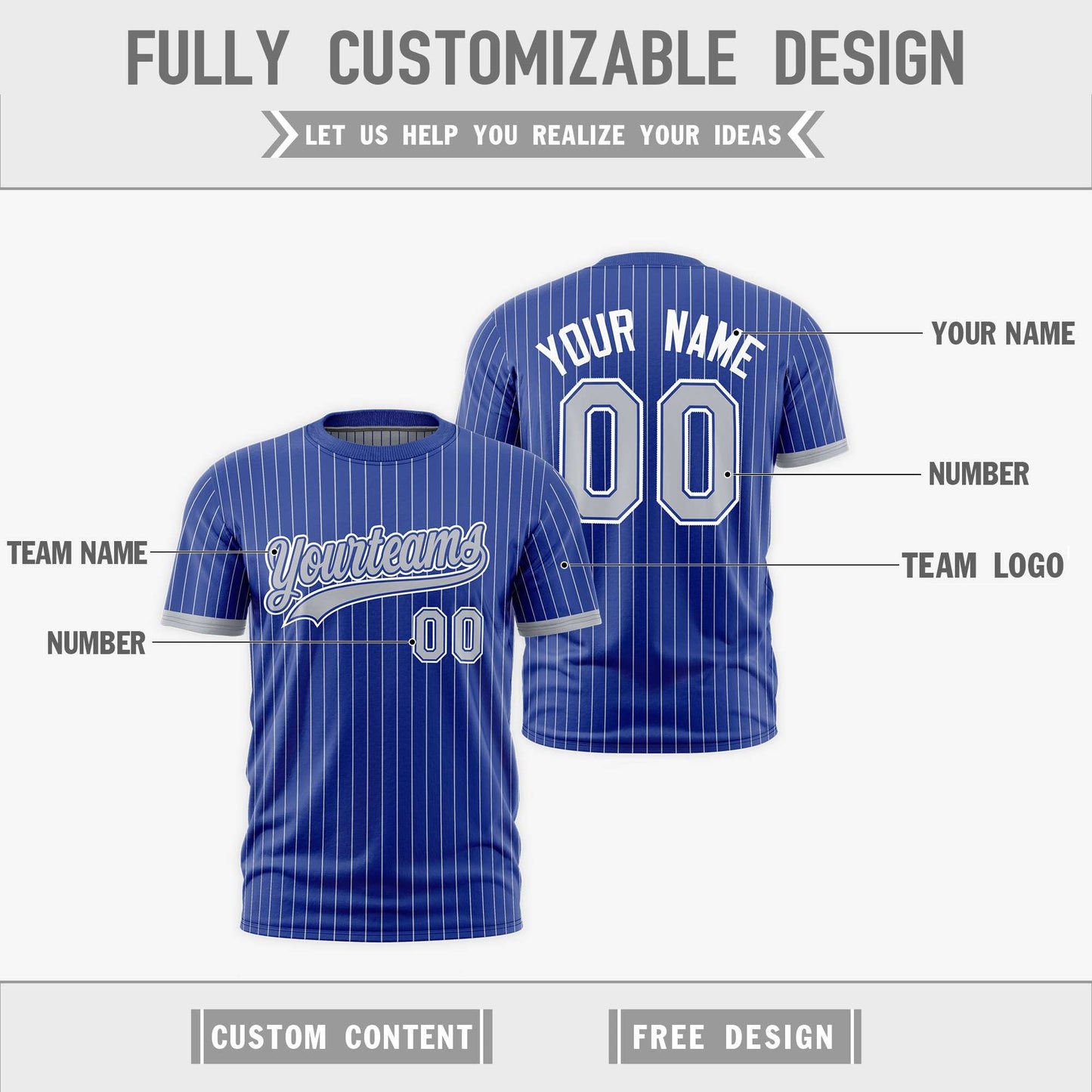 Custom T-shirt Silver Royal Blue White Reversible Stripe Fashion