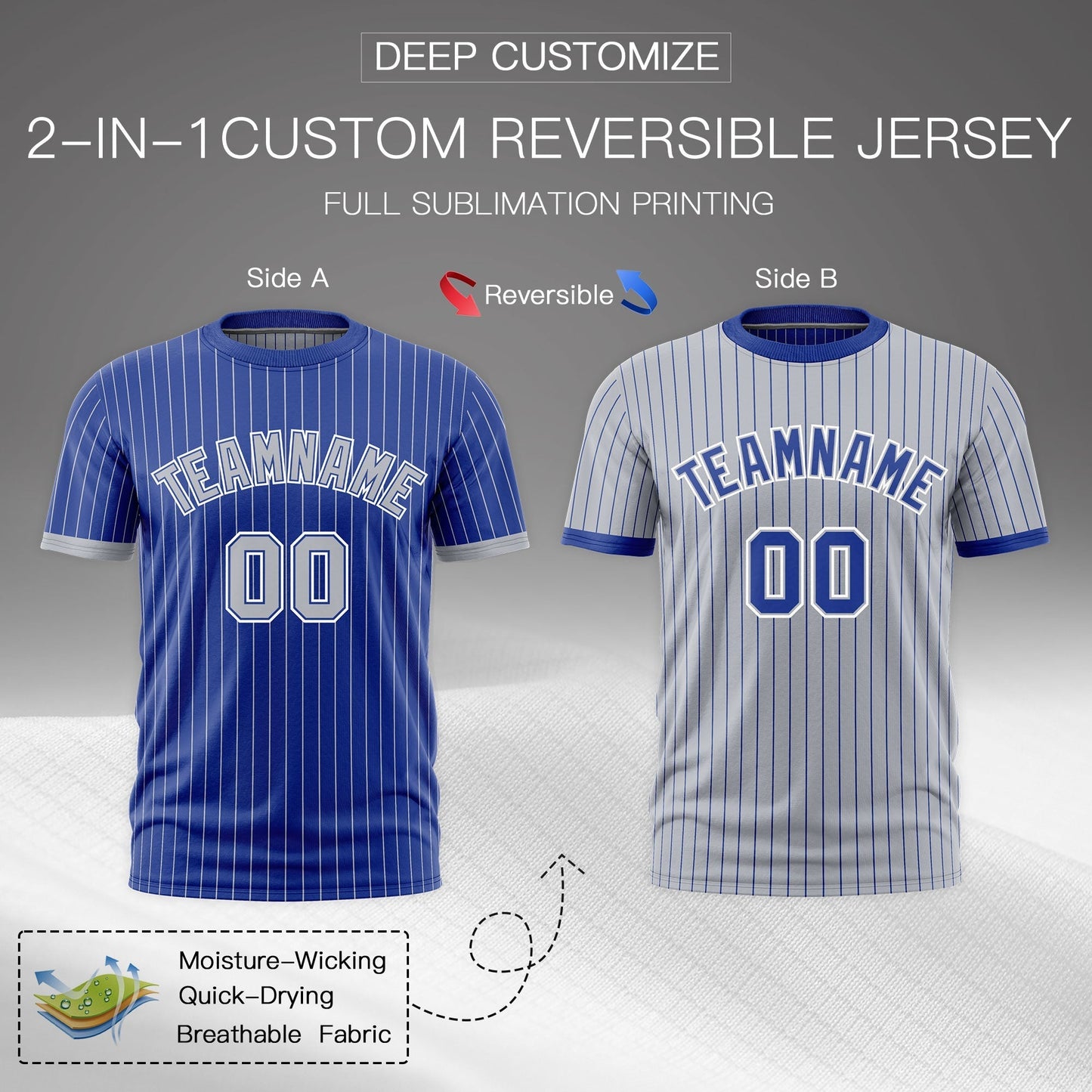 Custom T-shirt Silver Royal Blue White Reversible Stripe Fashion