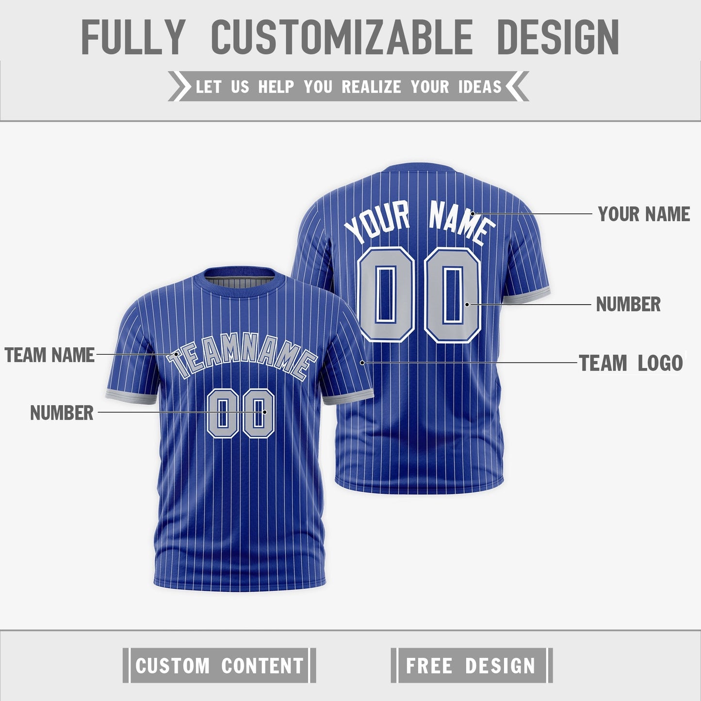 Custom T-shirt Silver Royal Blue White Reversible Stripe Fashion