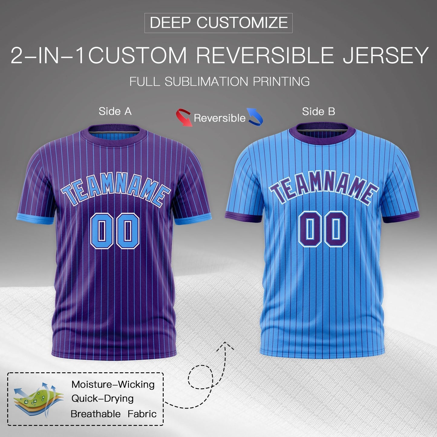 Custom T-shirt Powder Blue Purple White Reversible Stripe Fashion