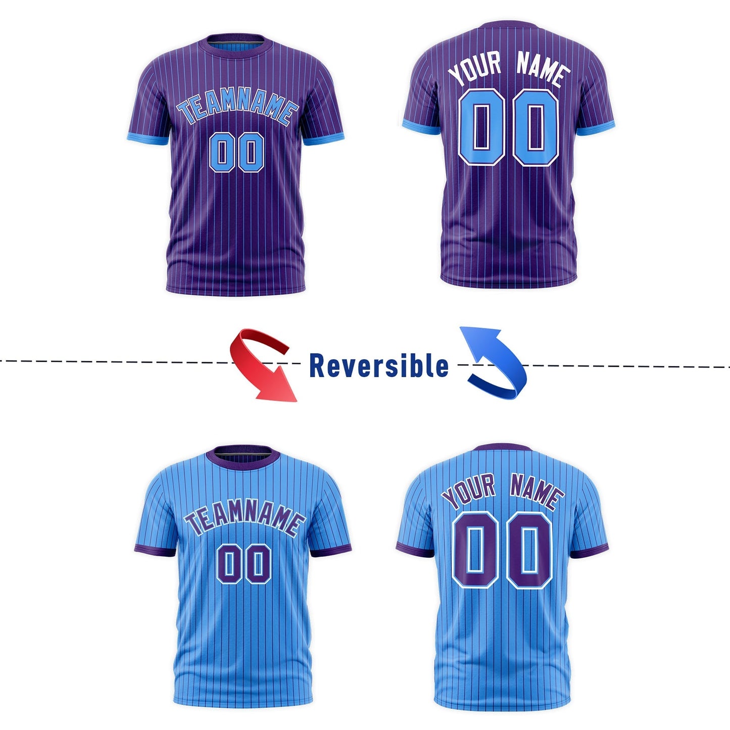 Custom T-shirt Powder Blue Purple White Reversible Stripe Fashion