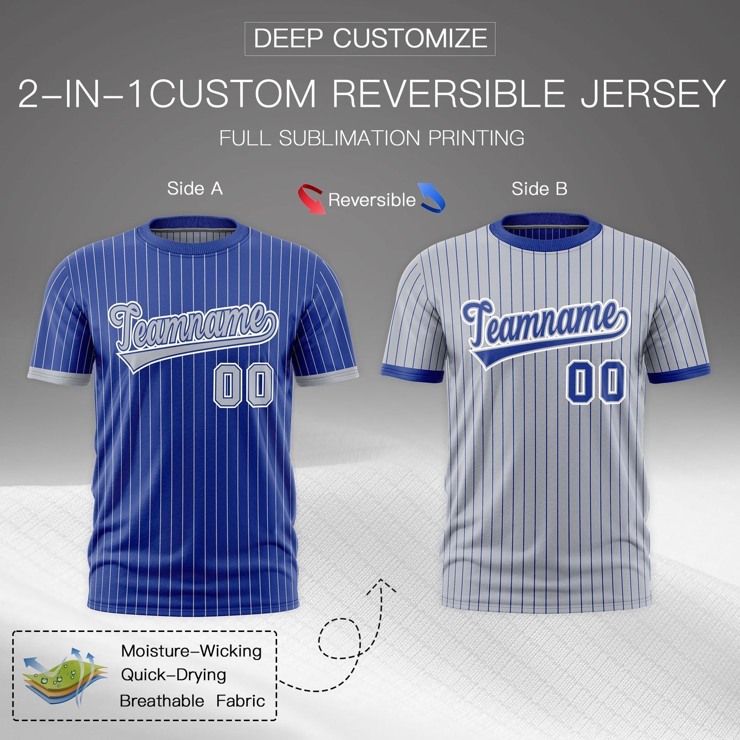 Custom T-shirt Silver Royal Blue White Reversible Stripe Fashion