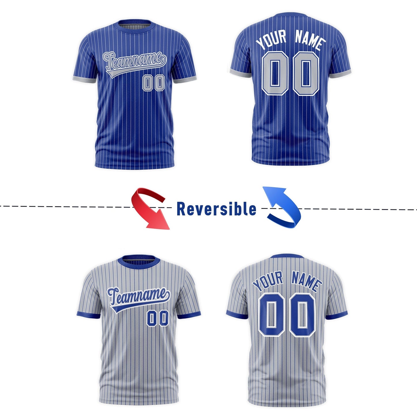 Custom T-shirt Silver Royal Blue White Reversible Stripe Fashion