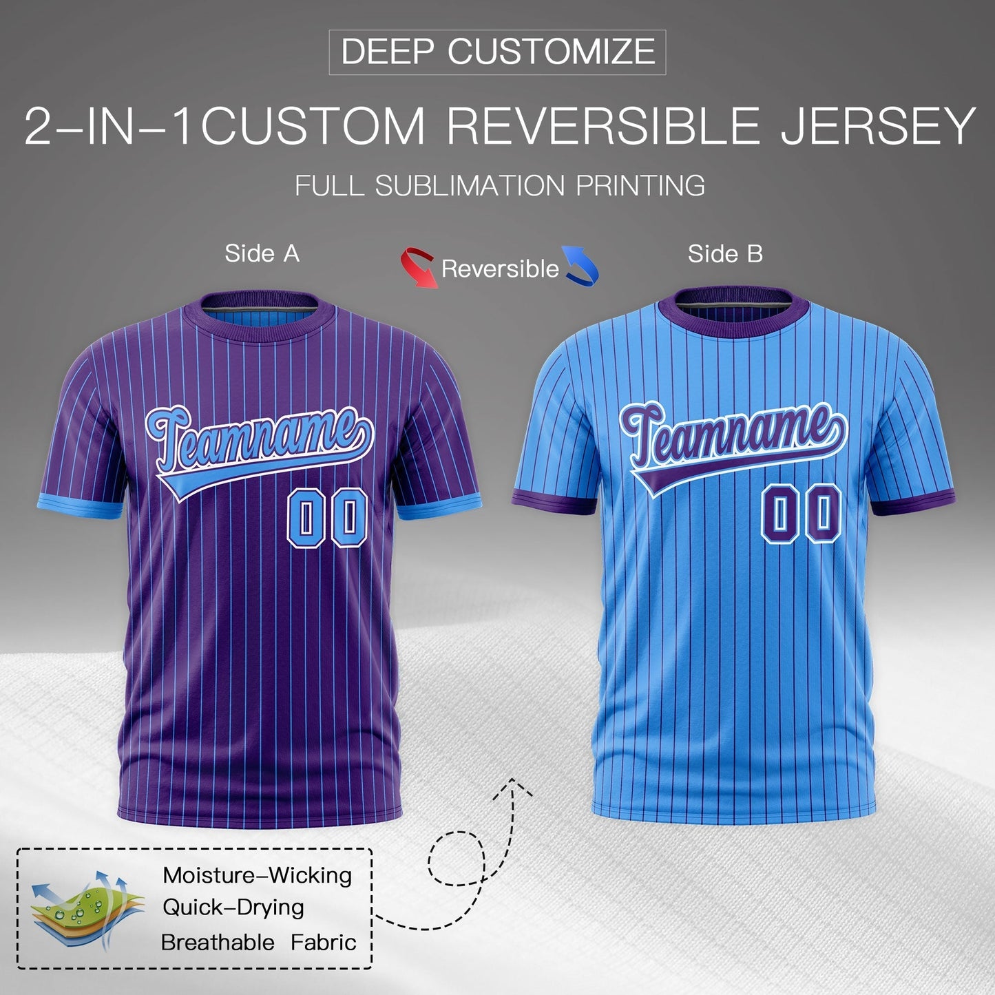 Custom T-shirt Powder Blue Purple White Reversible Stripe Fashion
