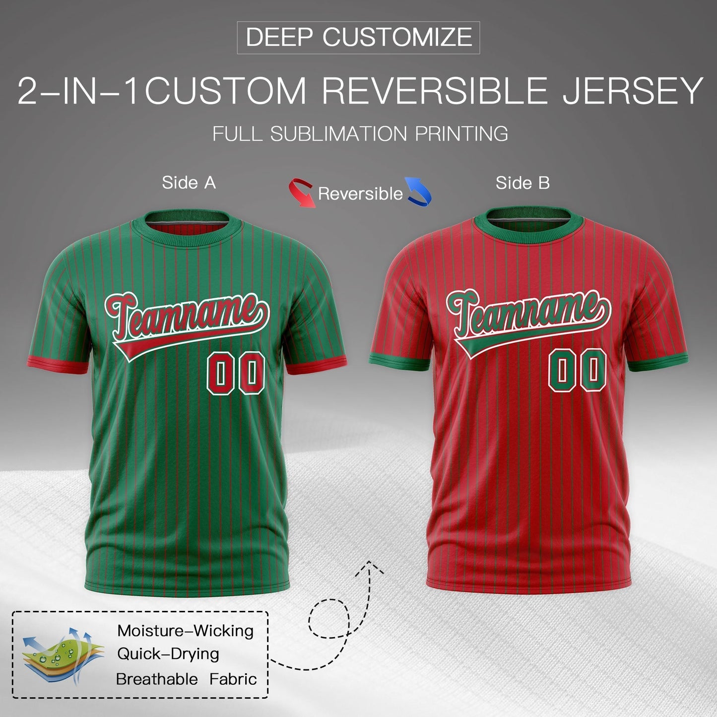 Custom T-shirt Red Kelly Green White Reversible Stripe Fashion