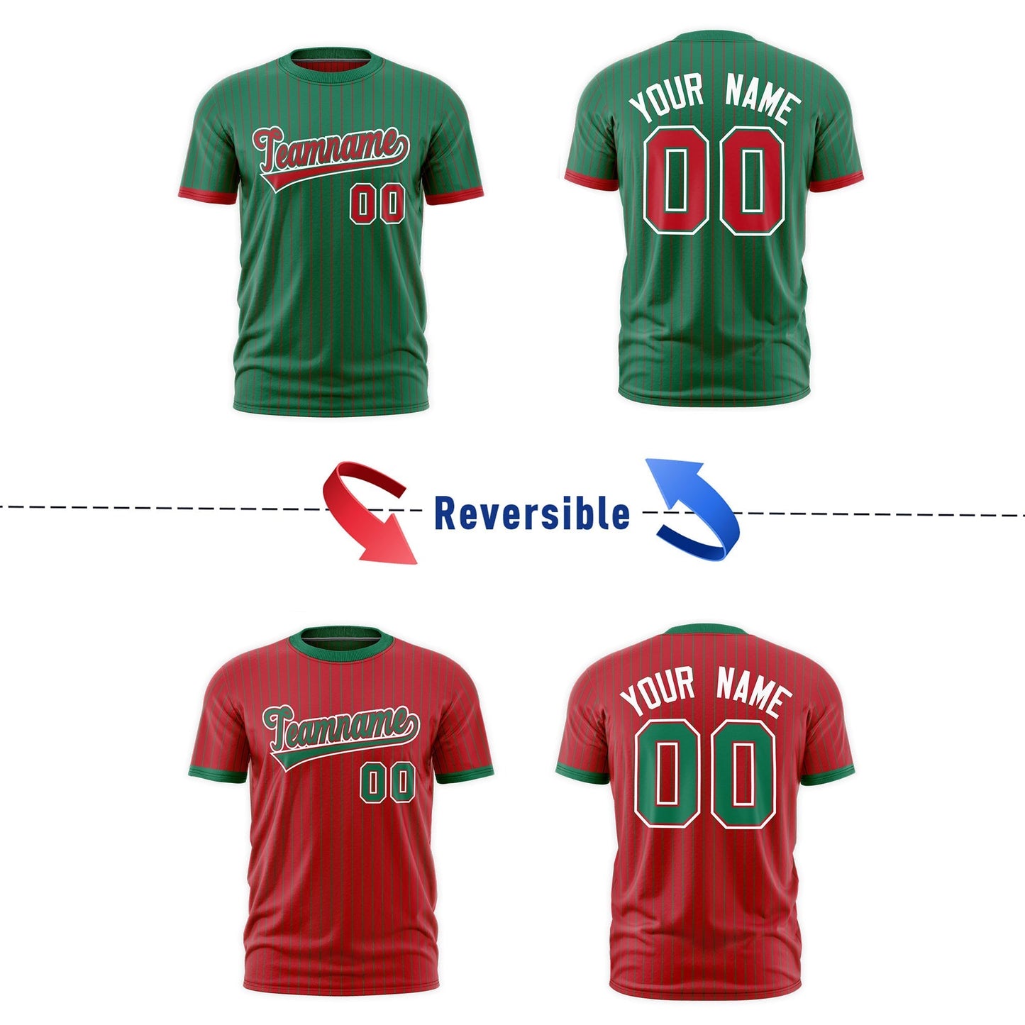 Custom T-shirt Red Kelly Green White Reversible Stripe Fashion