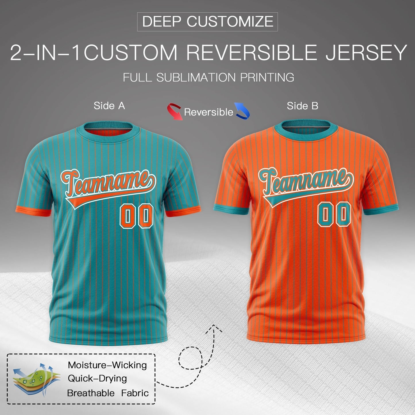 Custom T-shirt Orange Aqua White Reversible Stripe Fashion