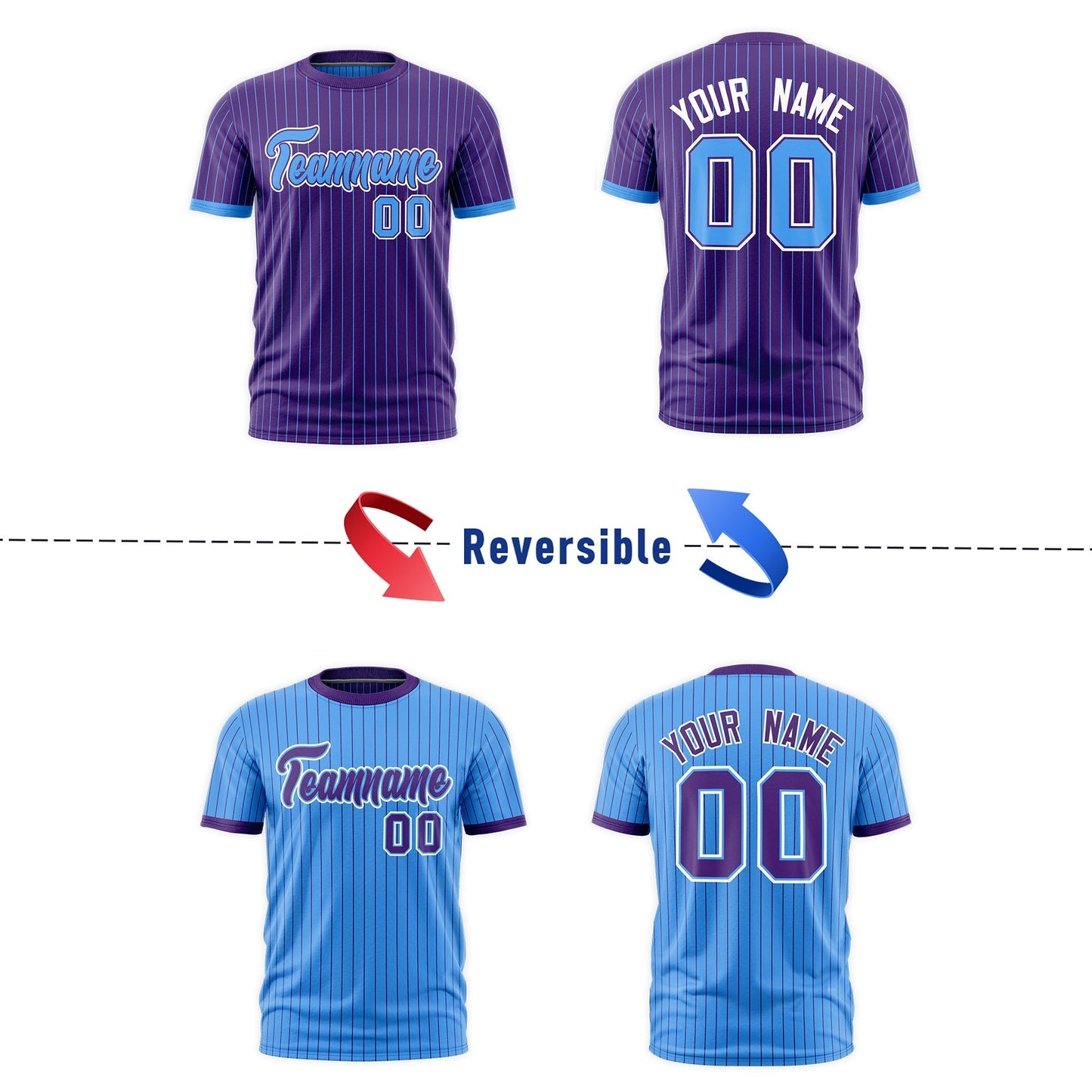 Custom T-shirt Powder Blue Purple White Reversible Stripe Fashion