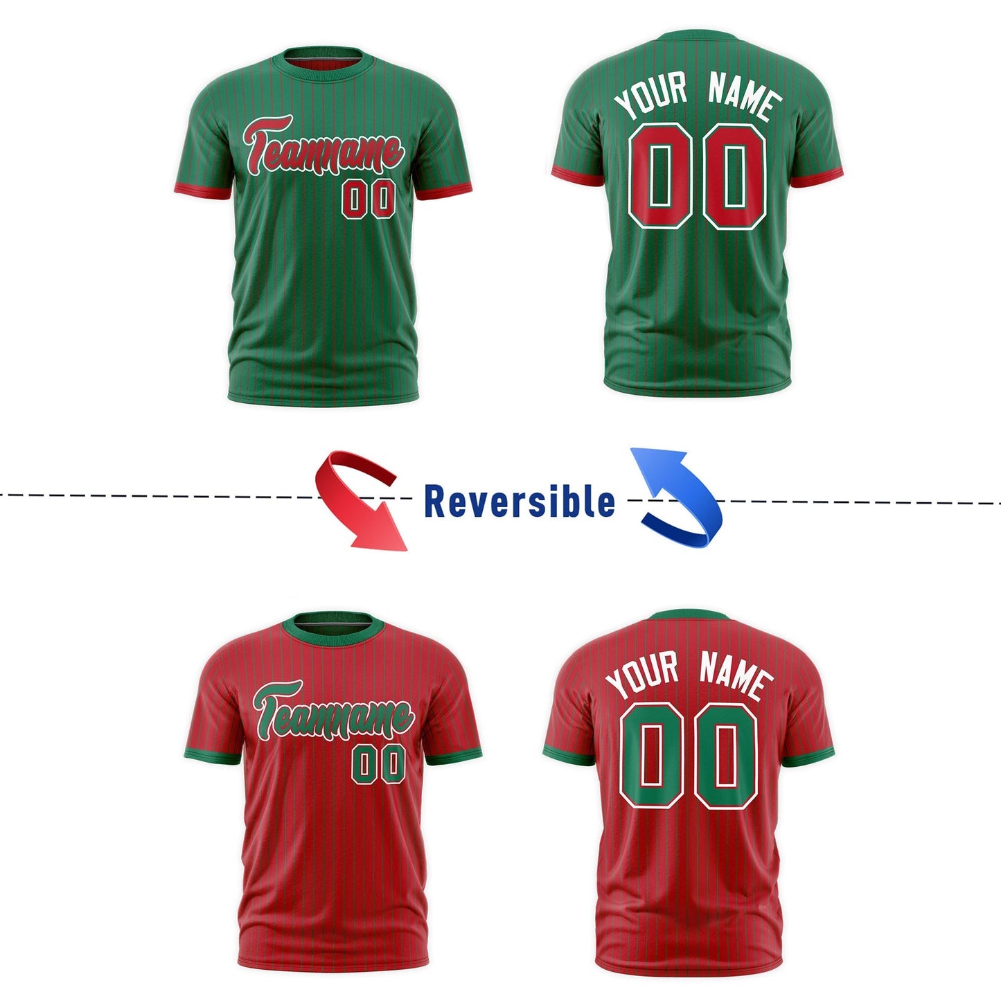 Custom T-shirt Red Kelly Green White Reversible Stripe Fashion