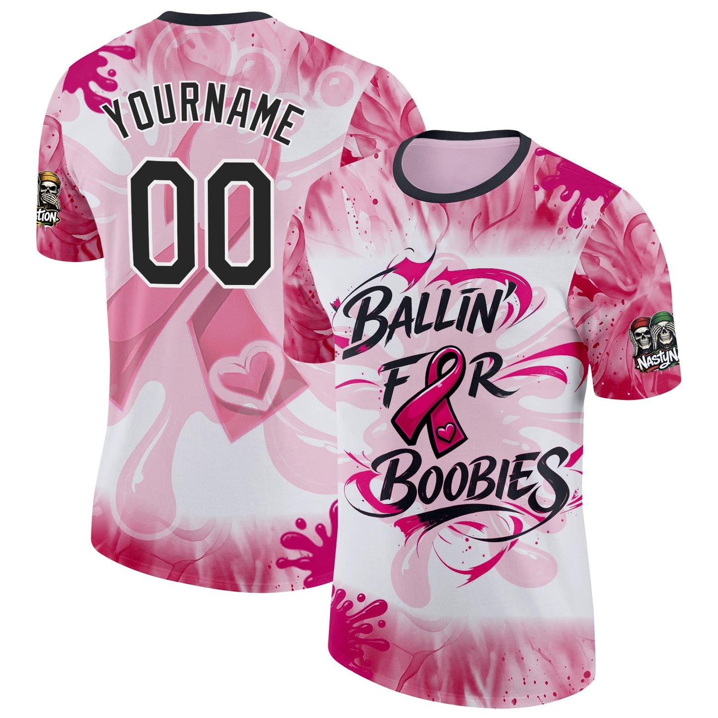 Custom Tie Dye Black Pink-White 2026 Nasty Nation Paintball Breast Cancer Performance T-Shirt