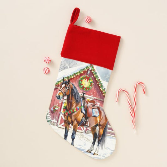 A Festive Brown Horse and Winter Barn Christmas Stocking