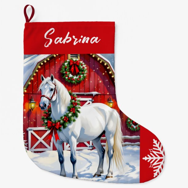 A Festive White Horse and Winter Barn Christmas Large Christmas Stocking