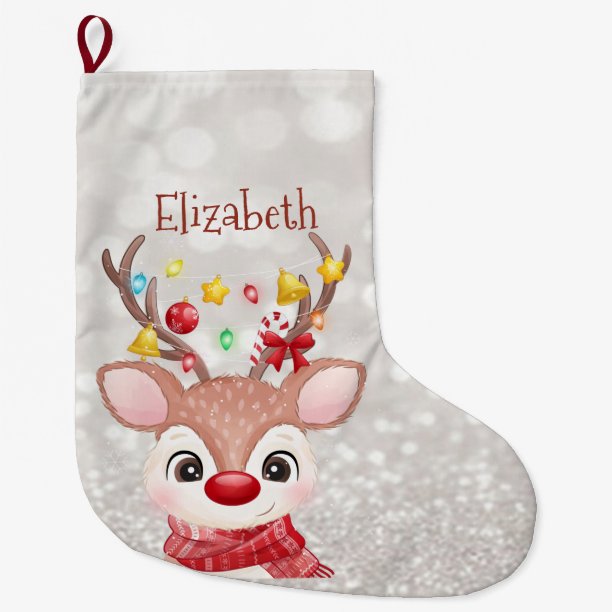 Adorable Reindeer With Santa Hat,Bokeh Large Christmas Stocking