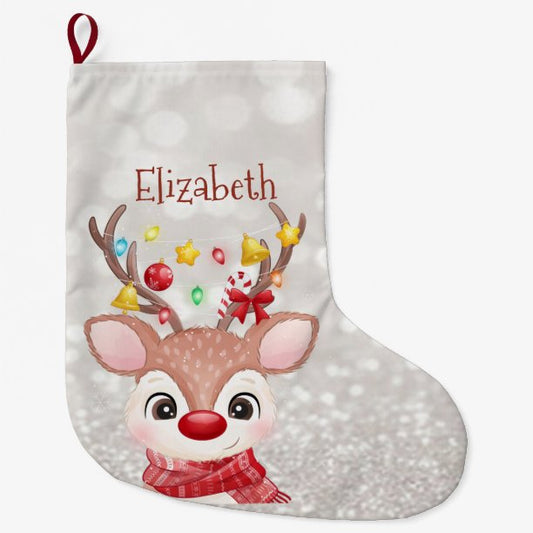 Adorable Reindeer With Santa Hat,Bokeh Large Christmas Stocking