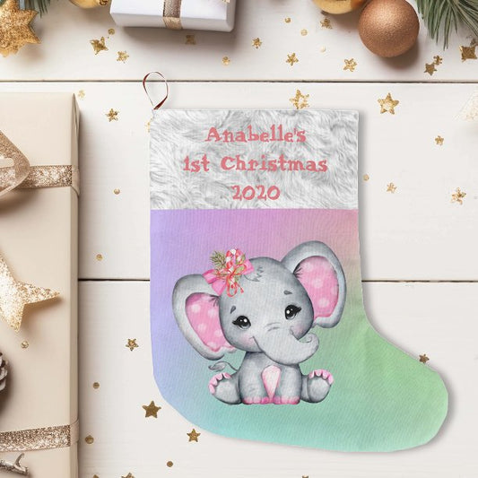 Baby 1st Christmas Pink Elephant Large Christmas Stocking