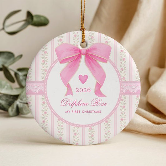 Baby First 1st Christmas Coquette Pink Bow Roses Ceramic Ornament