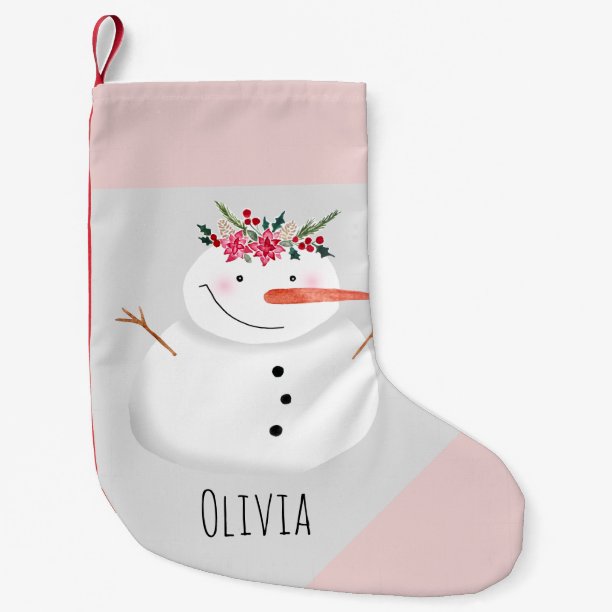Baby Girls First Christmas Flower Snowman and Name Small Christmas Stocking