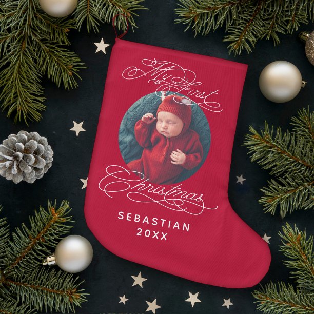 Baby My First Christmas Custom Text Photo Elegant Large Christmas Stocking