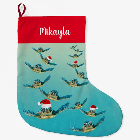 Baby Sea Turtle in Santa Hats Christmas Stocking
