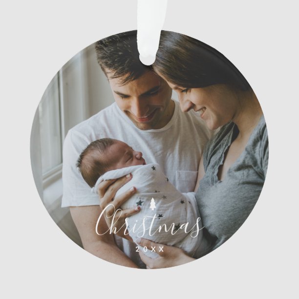 Baby's First Christmas Custom 2-photo White Script Ornament
