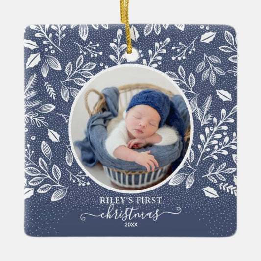 Baby's First Christmas Photo Blue Ceramic Ornament
