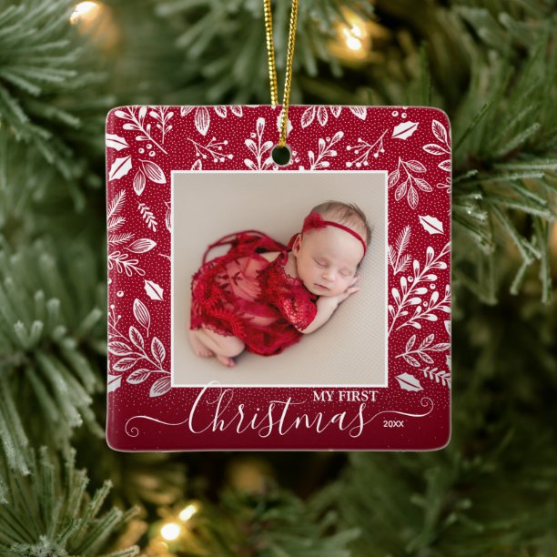 Baby's First Christmas Photo on Cranberry Ceramic Ornament