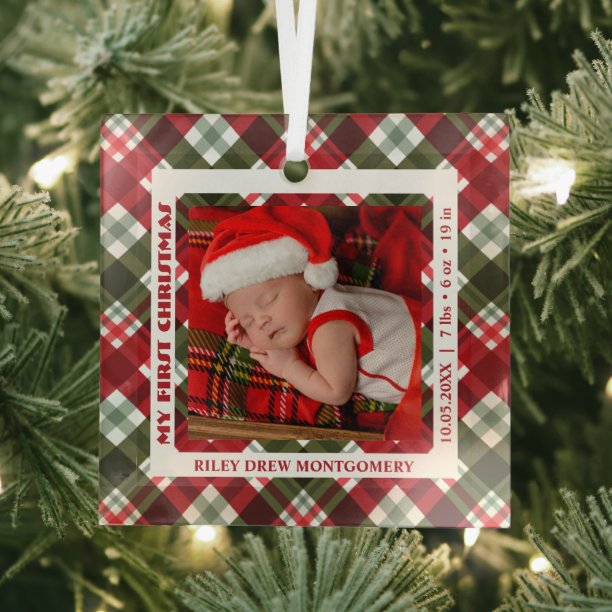 Baby's First Christmas Photo Plaid Glass Ornament