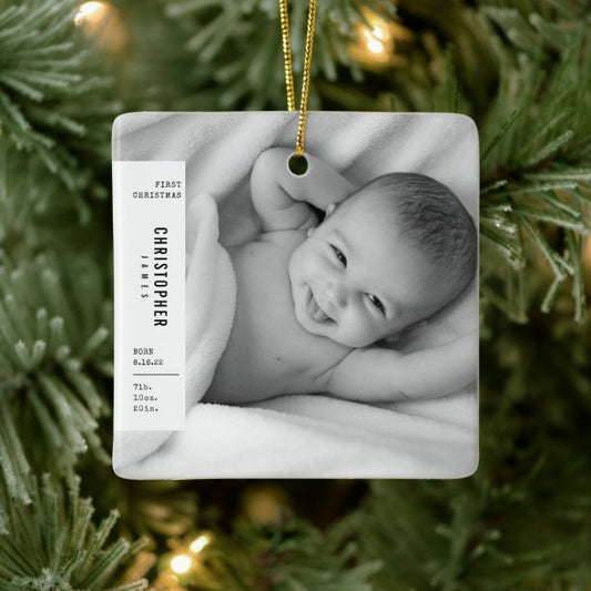 Baby's First Christmas Simple Modern Photo Ceramic Ornament