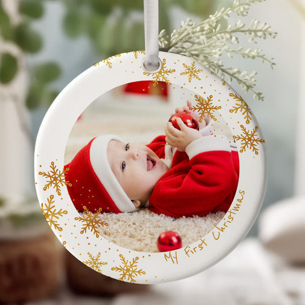 Babys First Christmas White Gold Snowflakes Photo Ceramic Ornament