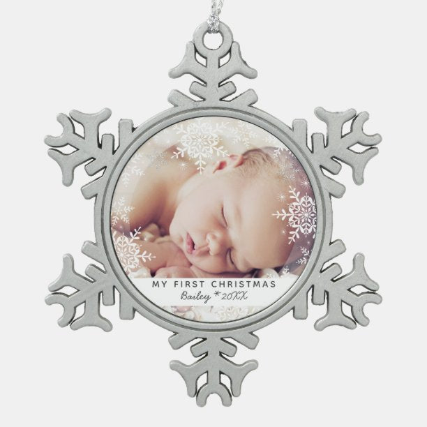 Baby's First Christmas White Silver Glitter Snowflake Pewter Christmas Ornament