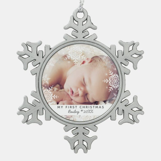 Baby's First Christmas White Silver Glitter Snowflake Pewter Christmas Ornament