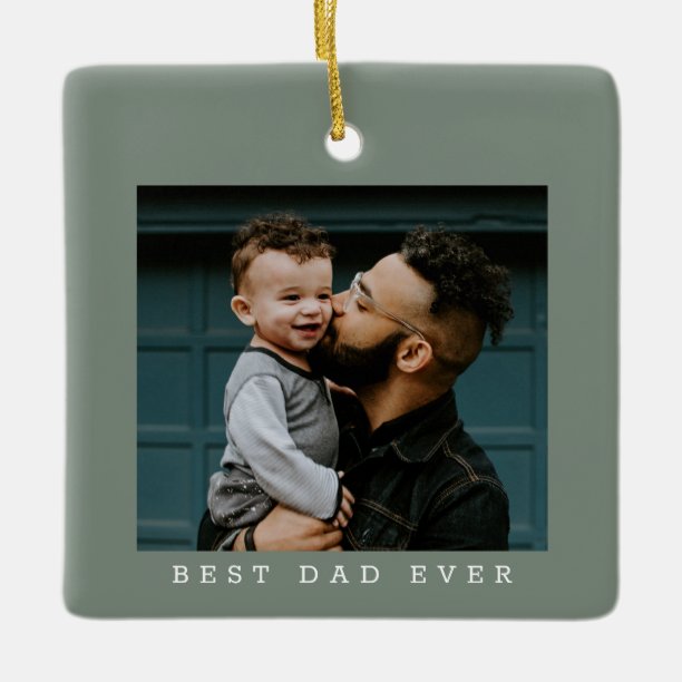 Best Dad Ever Photo Green Double Sided Christmas Ceramic Ornament