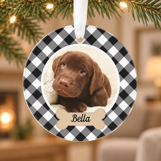 Black and White Buffalo Plaid Christmas Dog Photo Ornament