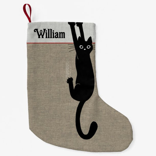 Black Cat Hanging On Funny Cat Lover's Holiday Small Christmas Stocking