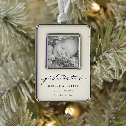 Black Vintage Handwriting Baby 1st Christmas Photo Ornament