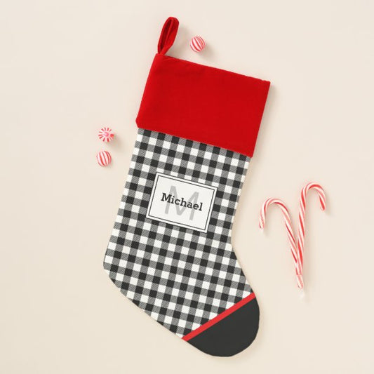 Black & White Plaid Toe Trim Monogram Christmas Stocking