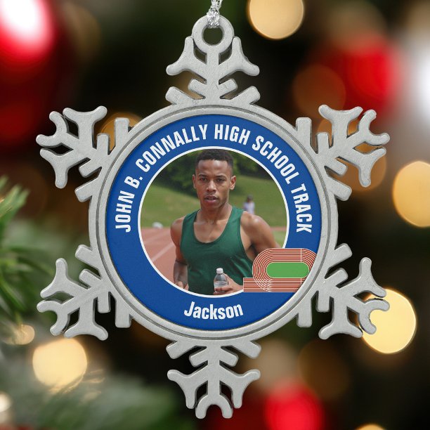 Blue Track & Field Photo High School Athlete Snowflake Pewter Christmas Ornament
