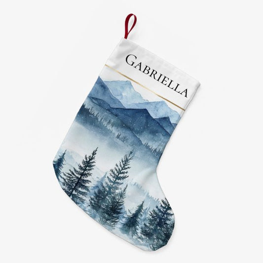 Blue White Snow Christmas Pine Trees Small Christmas Stocking
