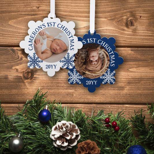 Blue White Snowflakes Baby's 1st Christmas Ornament Card