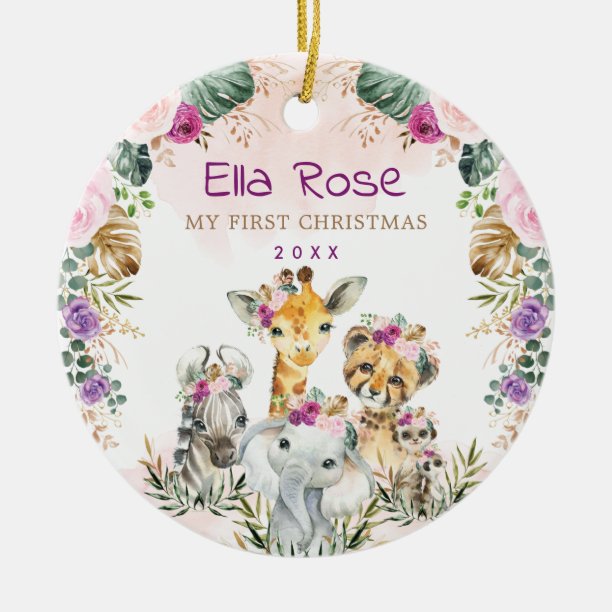 Boho Jungle Safari Wild Animals Baby 1st Christmas Ceramic Ornament