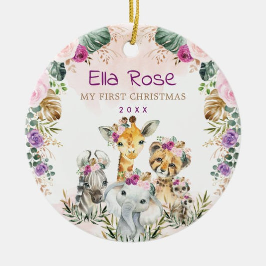 Boho Jungle Safari Wild Animals Baby 1st Christmas Ceramic Ornament